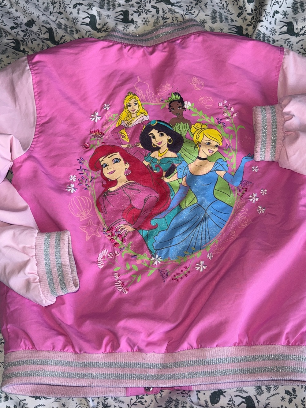 Disney Girls' Pink Princess Varsity Jacket with Multicolor Princess Design
